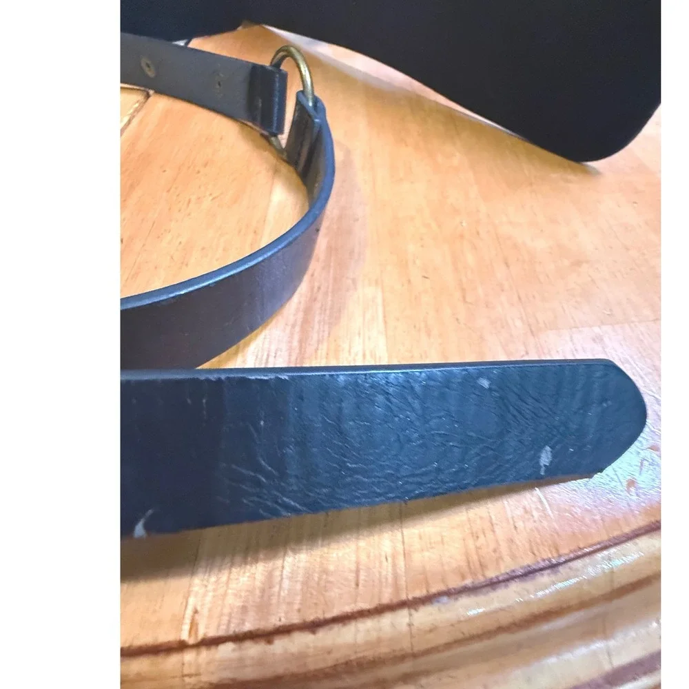Vintage Black‎ Leather O-Ring Grommet Belt Antique Brass V Logo Grunge Moto